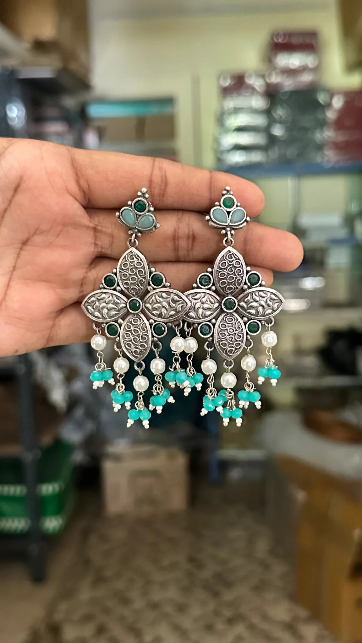 Oxidised Petals Beads Drop Earrings